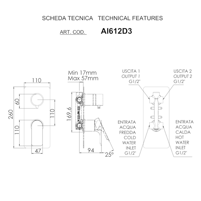 scheda tecnica miscelatore incasso doccia con deviatore meccanico a 3 uscite della serie Ambition di Daniel Rubinetterie