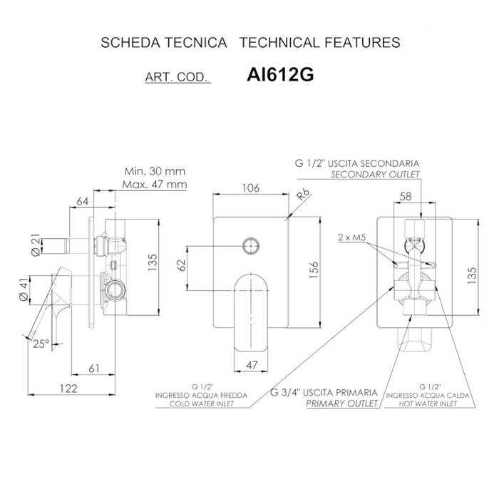 scheda tecnica miscelatore doccia incasso con deviatore su piastra rettangolare della serie Ambition di Daniel rubinetterie