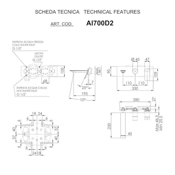 scheda tecnica del set miscelatore per vasca a due vie della serie ambition di daniel rubinetterie, da abbinare a ulteriore uscita acqua