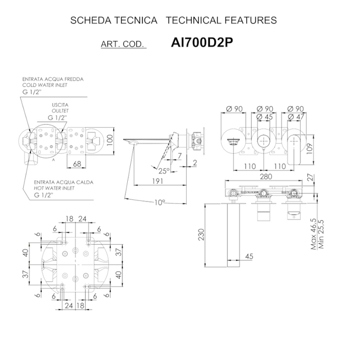 scheda tecnica set miscelatore vasca a incasso su piastre tonde, da integrare con ulteriore uscita acqua