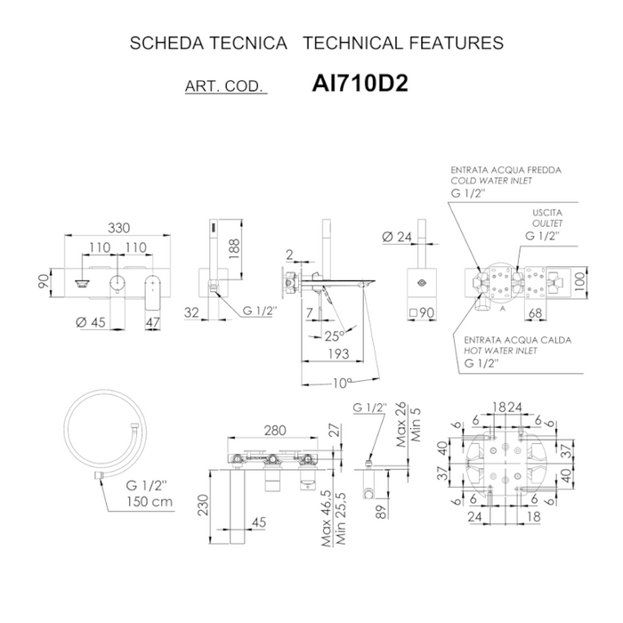 scheda tecnica di set miscelatore vasca a due vie su piastra rettangolare e piastra quadra con doccino e presa acqua della serie Ambition di Daniel Rubinetterie