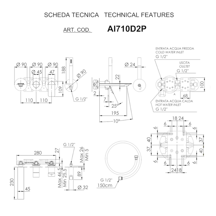 Scheda tecnica set vasca a incasso su piastre tonde con doccino e presa acqua della serie Ambition di Daniel Rubinetterie