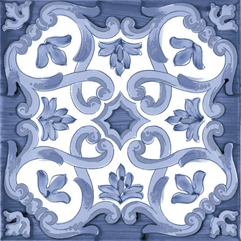 Dettaglio piastrella stile maiolica vietrese, collezione amalfi di ceramiche Valsecchia colore mix cielo 15x15 15