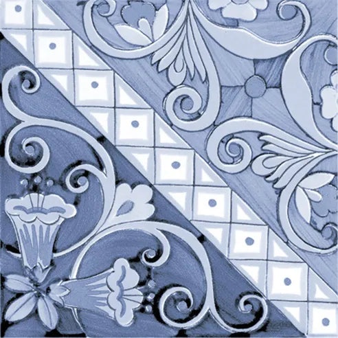 Dettaglio piastrella stile maiolica vietrese, collezione amalfi di ceramiche Valsecchia colore mix cielo 15x15 18