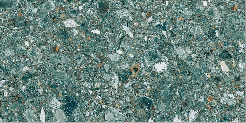 Dettaglio piastrella per pavimento e rivestimento in gres porcellanato effetto fondale marino. Collezione Swimming Sea di Ceramica Valsecchia, formato 15x30, Beach Emerald