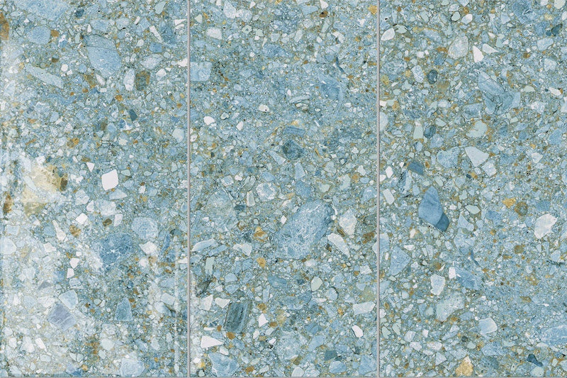 Dettaglio piastrelle per pavimento e rivestimento in gres porcellanato effetto fondale marino. Collezione Swimming Sea di Ceramica Valsecchia, formato 15x30, Beach Sky