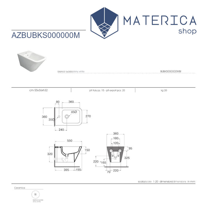 scheda tecnica di bidet sospeso della serie build linea di matericashop