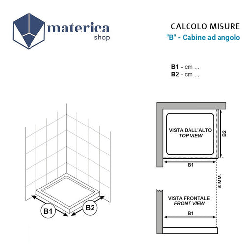 scheda di calcolore misure per installazione di un box doccia angolare