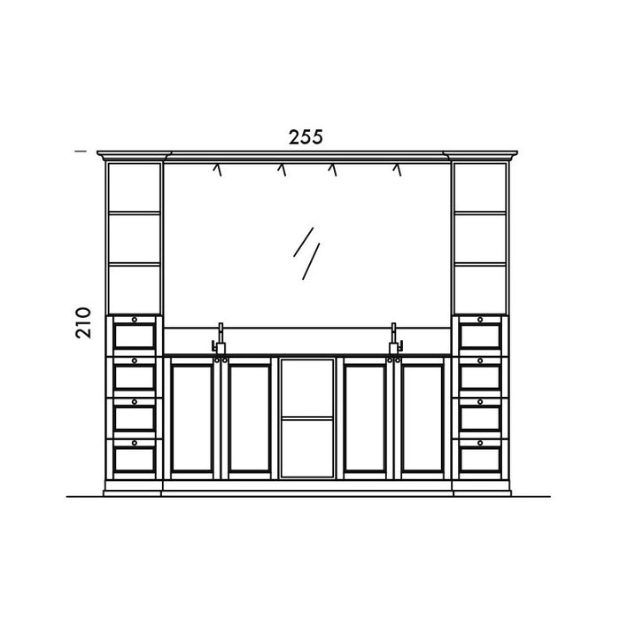 disegno tencico con misure della composizione mobile bagno Ricordi, diamante di compab, con struttura laccata grigio ombra opaco e doppio lavabo in minueralguss. Due colonne e specchiera.