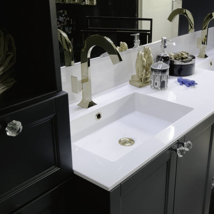 vista della composizione mobile bagno classico Ricordi, diamante di compab, con struttura laccata grigio ombra opaco e doppio lavabo in minueralguss e pomoli in finitura swarovski