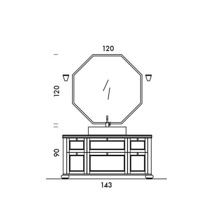 disegno tecnico del mobile bagno in finitura noce antico con 8 cassetti, piano in marmo di carrara con bordo lavorato, specchio ottagonale polygon e lavabo da appoggio in mineralguss