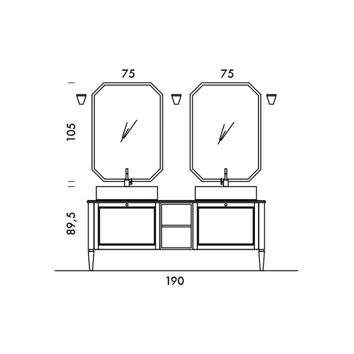 disegno tecnico con misure del mobile da bagno classico a terra con doppio lavabo in marmo di carrara e struttura nera lucida con due specchi ottagonali
