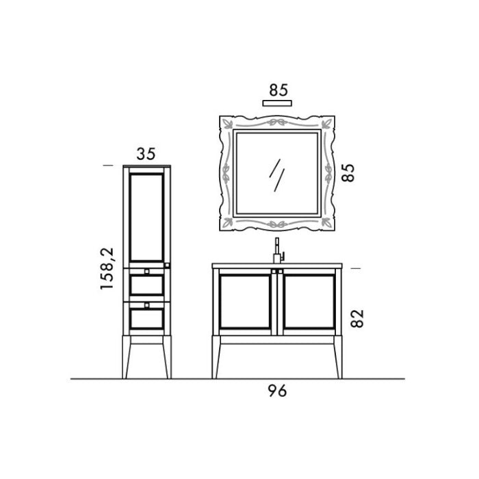 disegno tecnico con misure della composizione bagno classica della serie Ricordi
