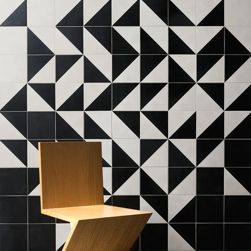 Dettaglio rivestimento in gres serie Futura di 41zero42, effetto decoro geometrico opaco, formato 15x15 cm, Colore Half Black