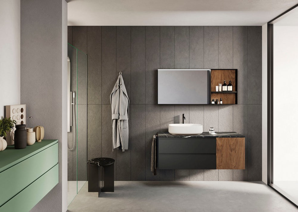 composizione mobile bagno gea 12 di belbagno in finitura laccato nero opaco con dettagli cannettati colore noce gold e metallo e top effetto marmo