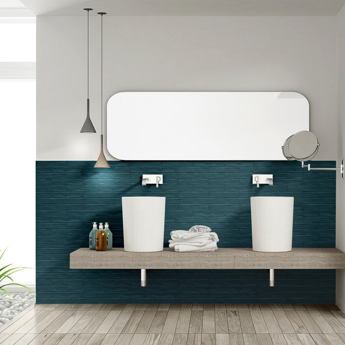 Rivestimento bagno moderno con piastrelle mattoncino verde opache. collezione grace di self style by keradom