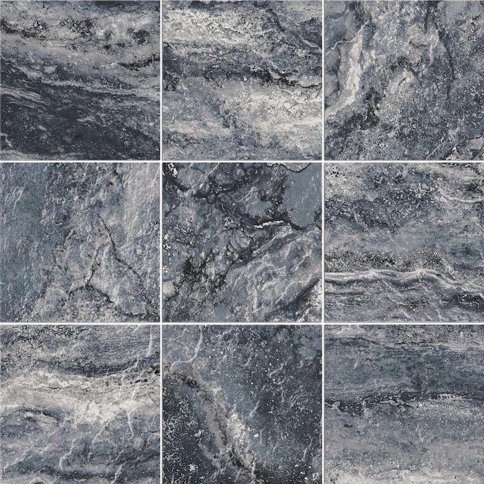 Dettaglio piastrelle per pavimento e rivestimento in gres porcellanato effetto pietra spaziale. Collezione Swimming Planet di Ceramica Valsecchia, formato 15x15, Jupiter Black