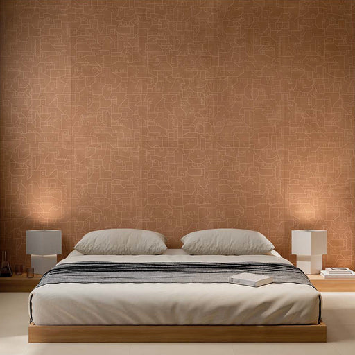 Camera da letto moderna con rivestimento in gres effetto cotto decorato geometrico della collezione CottoMilano di ceramiche Keope, formato 60x120 cm, colore Mattone