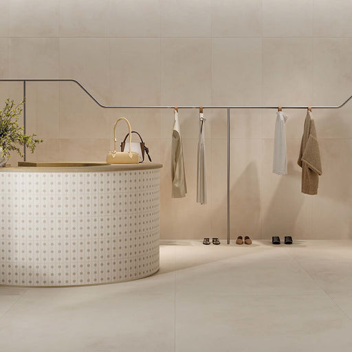 Piastrella per pavimenti e rivestimenti in gres effetto cotto della collezione CottoMilano di ceramiche Keope, formato 120x120 cm, colore Talco