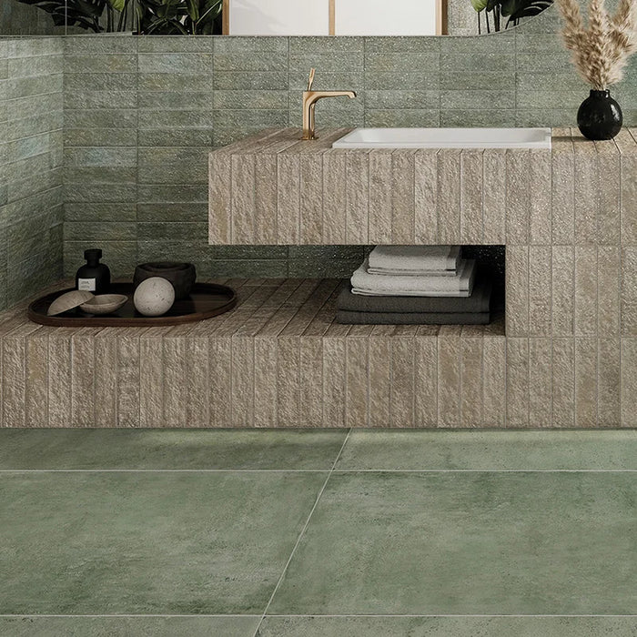 Dettaglio piastrella con colori pastello, collezione Coccio di Keradom formato Brick colore Sabbia 6x25