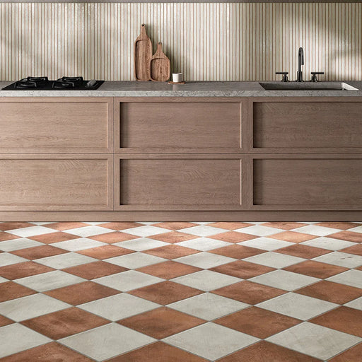 Dettaglio piastrelle in gres effetto cotto moderno, collezione Coccio di Keradom, formato 25x25, colore Terra