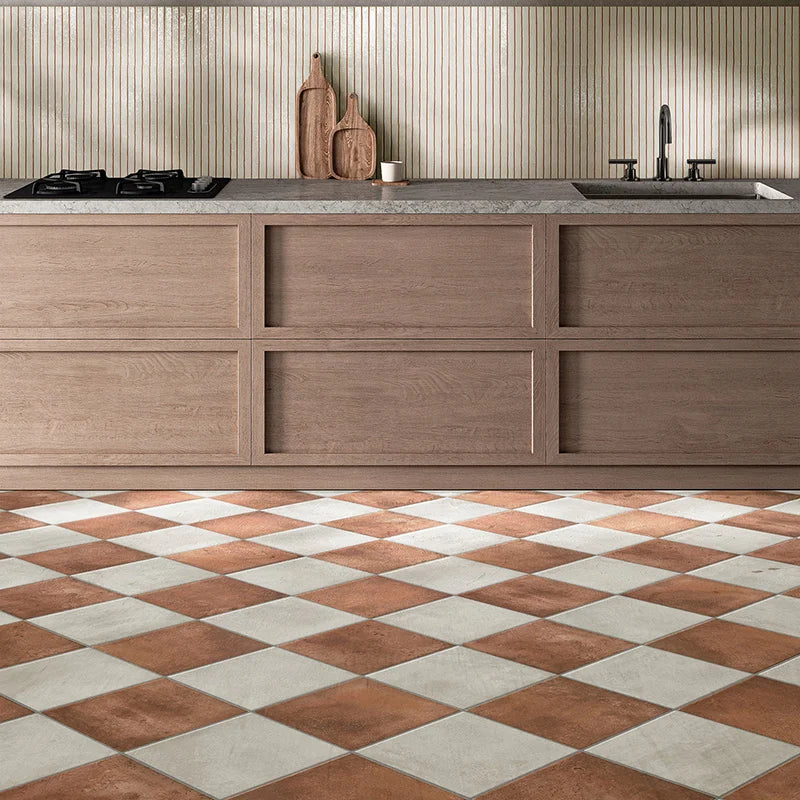 Dettaglio piastrelle in gres effetto cotto moderno, collezione Coccio di Keradom, formato 25x25, colore Terra