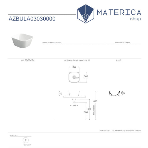 SCHEDA TECNICA DI lavabo da appoggio build Linea 30x30 della collezione Linea di matericaSHOP