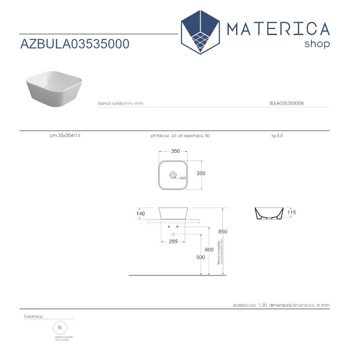 scheda tecnica del lavabo da appoggio 35x35 linea Build della serie Linea di matericashop