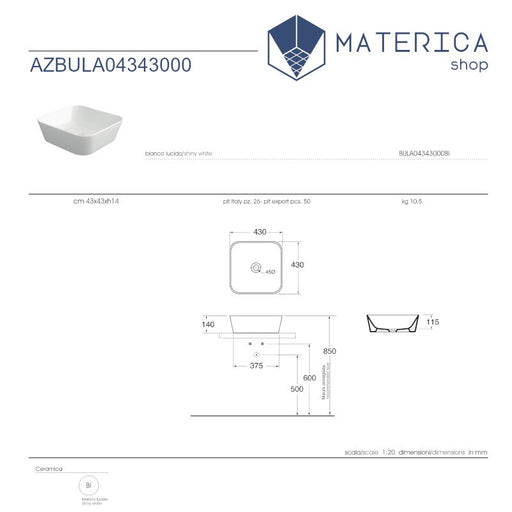 scheda tecnica di lavabo da appoggio linea build 43x43 della collezione linea di matericashop
