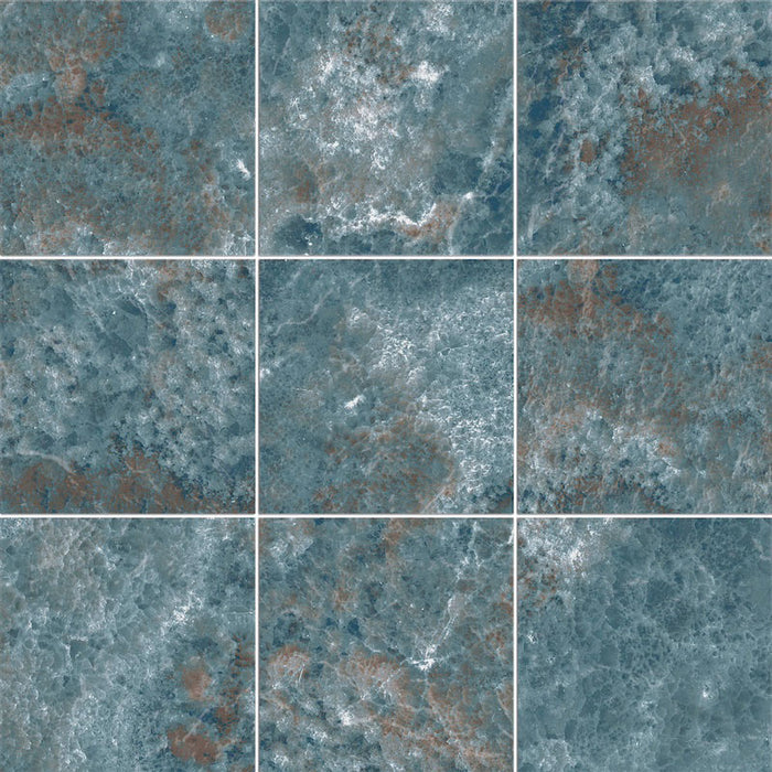 Dettaglio piastrelle per pavimento e rivestimento in gres porcellanato effetto pietra spaziale. Collezione Swimming Planet di Ceramica Valsecchia, formato 15x15, Moon Emerald