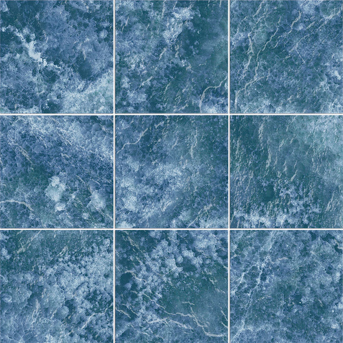 Dettaglio piastrelle per pavimento e rivestimento in gres porcellanato effetto pietra spaziale. Collezione Swimming Planet di Ceramica Valsecchia, formato 15x15, Neptune Blue