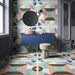 Bagno moderno con pavimento e rivestimenti in gres porcellanato effetto cementina pop art, formato 120x120 cm, colore azzurro e beige, One Decoro 05 di 41zero42