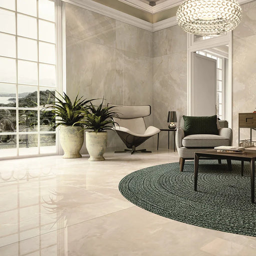 Dettaglio piastrella in gres porcellanato effetto onice lucido 90x180 cm della collezione Onici di Casalgrande Padana, colore Avorio