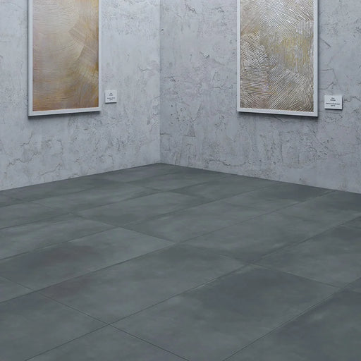 Dettaglio piastrella in gres porcellanato effetto cemento nuvolato della collezione R-Evolution di Casalgrande, formato 60x120 cm, colore Dark Grey