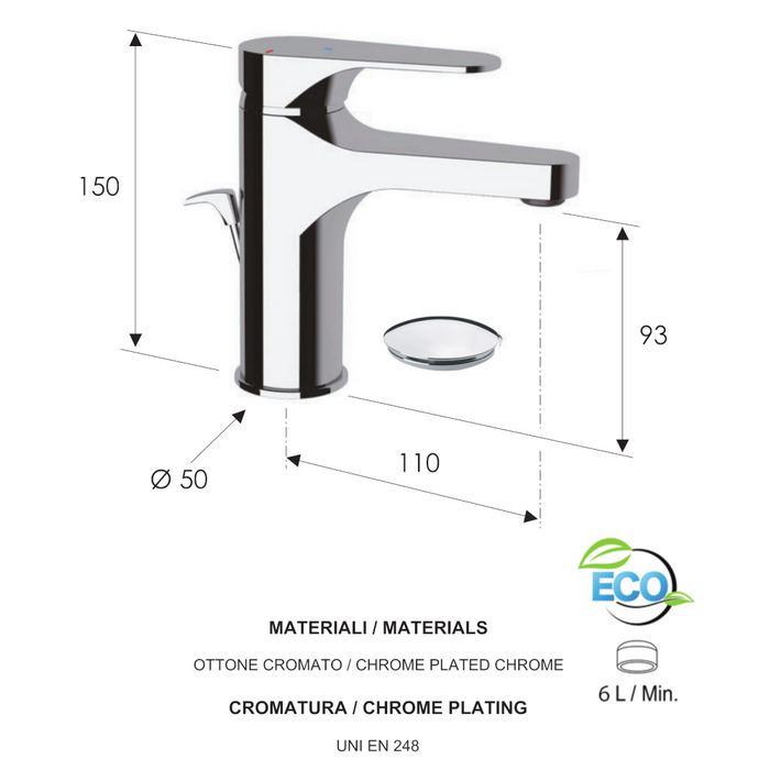 SCHEDA TECNICA MISCELATORE PER LAVABO CON SCARICO OMEGA GREEN DI DANIEL RUBINETTERIE CON SISTEMA DI RISPARMIO IDRICO E ENERGY SAVING