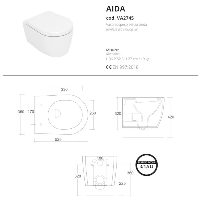 scheda tecnica vaso sospeso monoforo aida di opera ceramiche