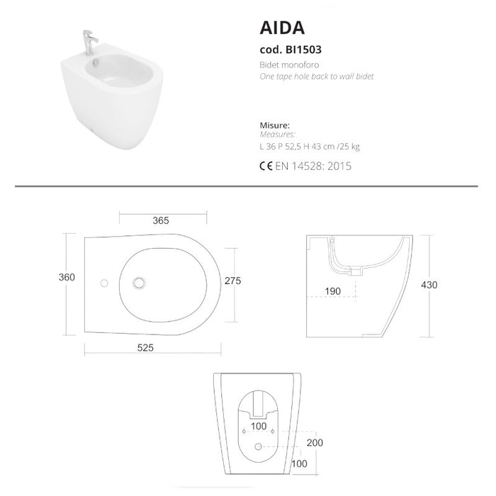 scheda tecnica bidet monoforo filomuro aida di opera ceramiche