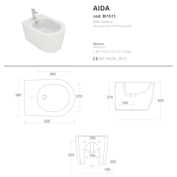 scheda tecnica aida bidet sospeso monoforo di opera ceramiche