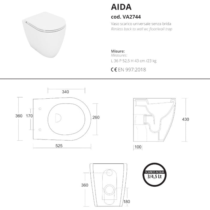 scheda tecnica vaso senza brida aida di opera sanitari