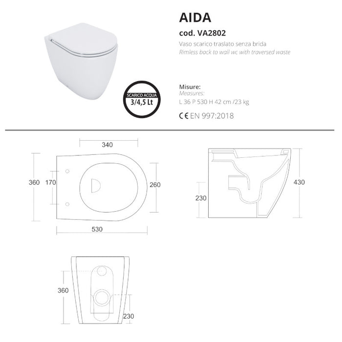 Aida - Vaso a terra filomuro con scarico traslato