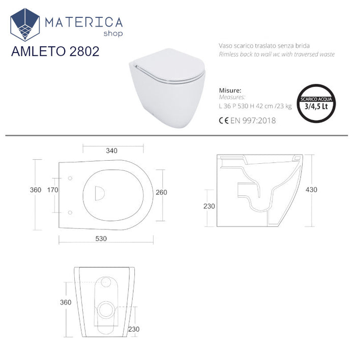 scheda tecnica vaso wc a terra senza brida della serie Amleto Sanitari di design 