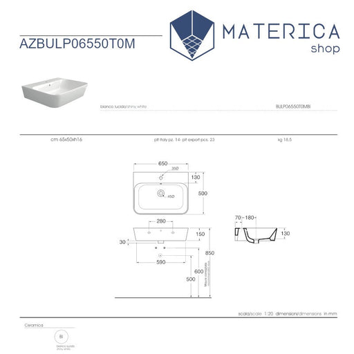 scheda tecnica del lavabo sospeso o da appoggio misura 65x50 della collezione Linea di Matericashop
