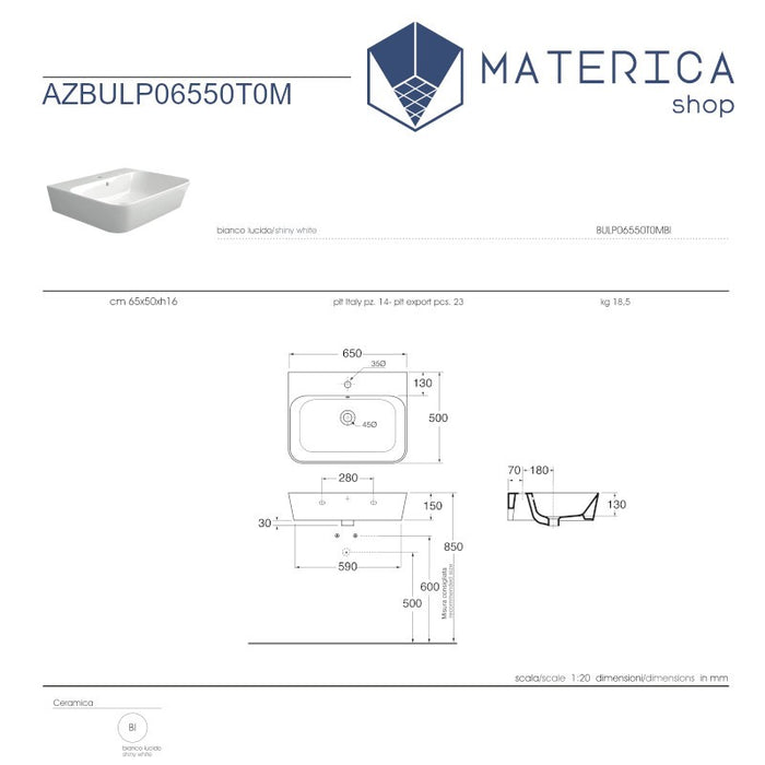 scheda tecnica del lavabo sospeso o da appoggio misura 65x50 della collezione Linea di Matericashop