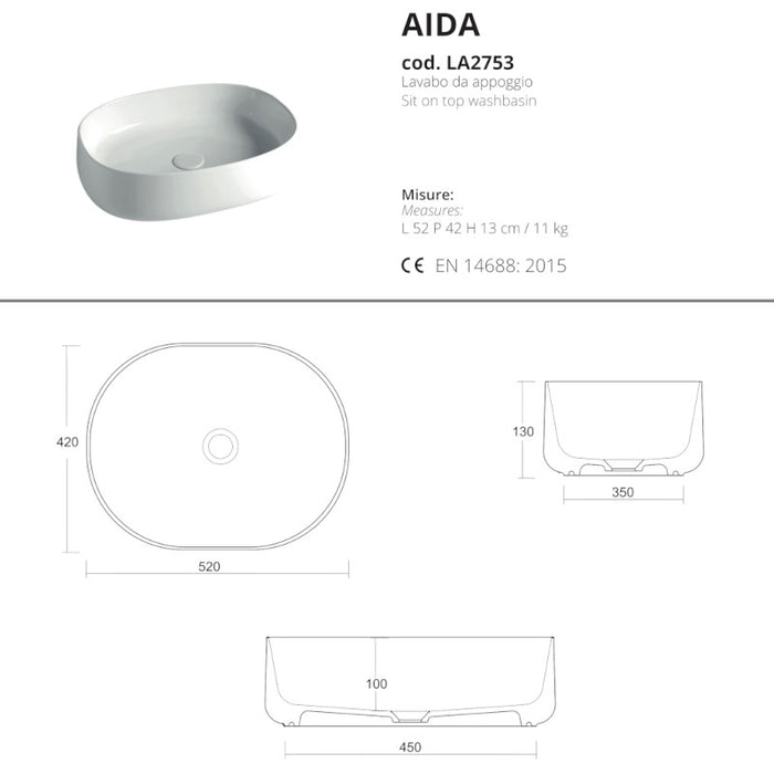 scheda tecnica di lavabo da appoggio aida misure 5 x 42 x h13 di opera sanitari