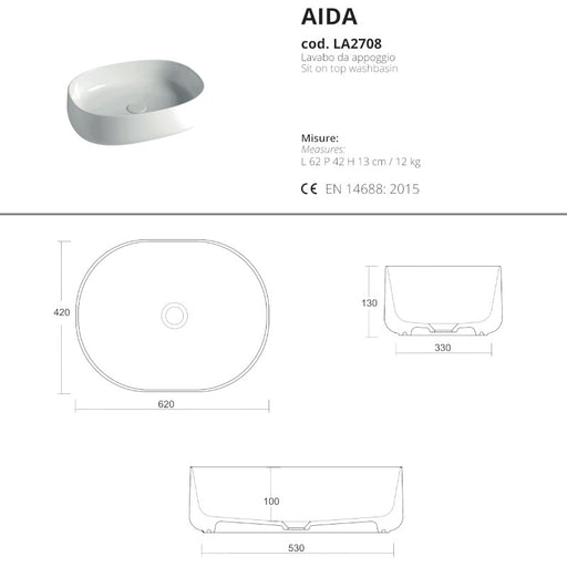 scheda tecnica di lavabo da appoggio Aida 62x42 di opera ceramiche