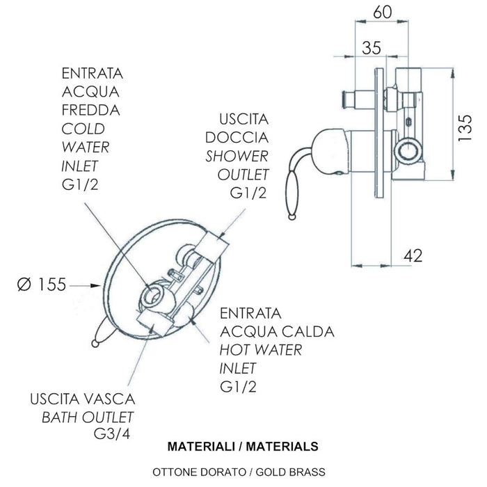 scheda tecnica miscelatore per doccia con deviatore della serie crystal retro di daniel rubinetterie