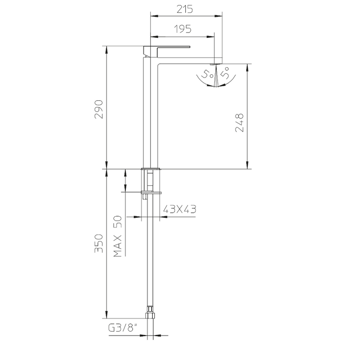 scheda tecnica di miscelatore per lavabo alto della serie qadra di palazzani rubinetterie