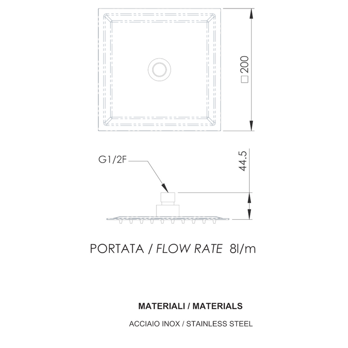 scheda tecnica soffione quadrato ultrapiatto 20x20 con limitatore di portata a 8 litri al minuti