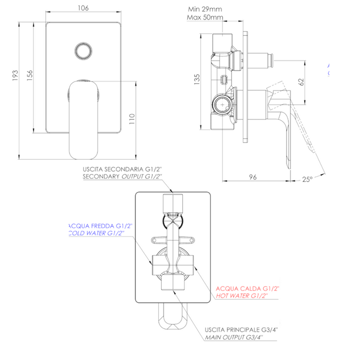 SCHEDA TECNICA misceLatore doccia con deviatore automatico della serie Minerva di matericaSHOP, COLLEZIONE TIARA DI DANIEL RUBINETTERIE