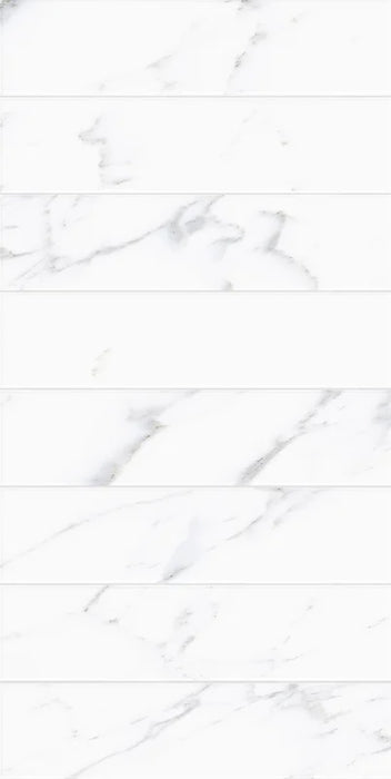 Dettaglio piastrella in gres porcellanato effetto marmo della collezione Dama di Self Style by keradom, formato 6x25, colore Bianco Carrara